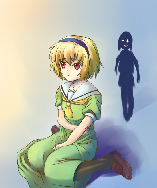 +_+ 00s 2girls bad_id bad_pixiv_id blonde_hair dress hairband higurashi_no_naku_koro_ni houjou_satoko iiru multiple_girls pantyhose red_eyes ryuuguu_rena sailor_dress skirt you_gonna_get_raped