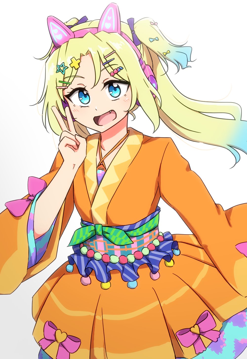 1girl animal_ear_headphones animal_ears blonde_hair blue_eyes blue_hair cat_ear_headphones commentary_request cowboy_shot fake_animal_ears fang gradient_hair green_sash hair_ornament headphones hichi_(asa_makudo) highres identity_(love_live!) japanese_clothes kimono light_blue_hair link!_like!_love_live! long_hair looking_at_viewer love_live! multicolored_hair obi official_alternate_costume orange_kimono osawa_rurino parted_bangs pink_headphones pink_sash sash simple_background sleeves_past_elbows solo star_(symbol) star_hair_ornament twintails virtual_youtuber white_background