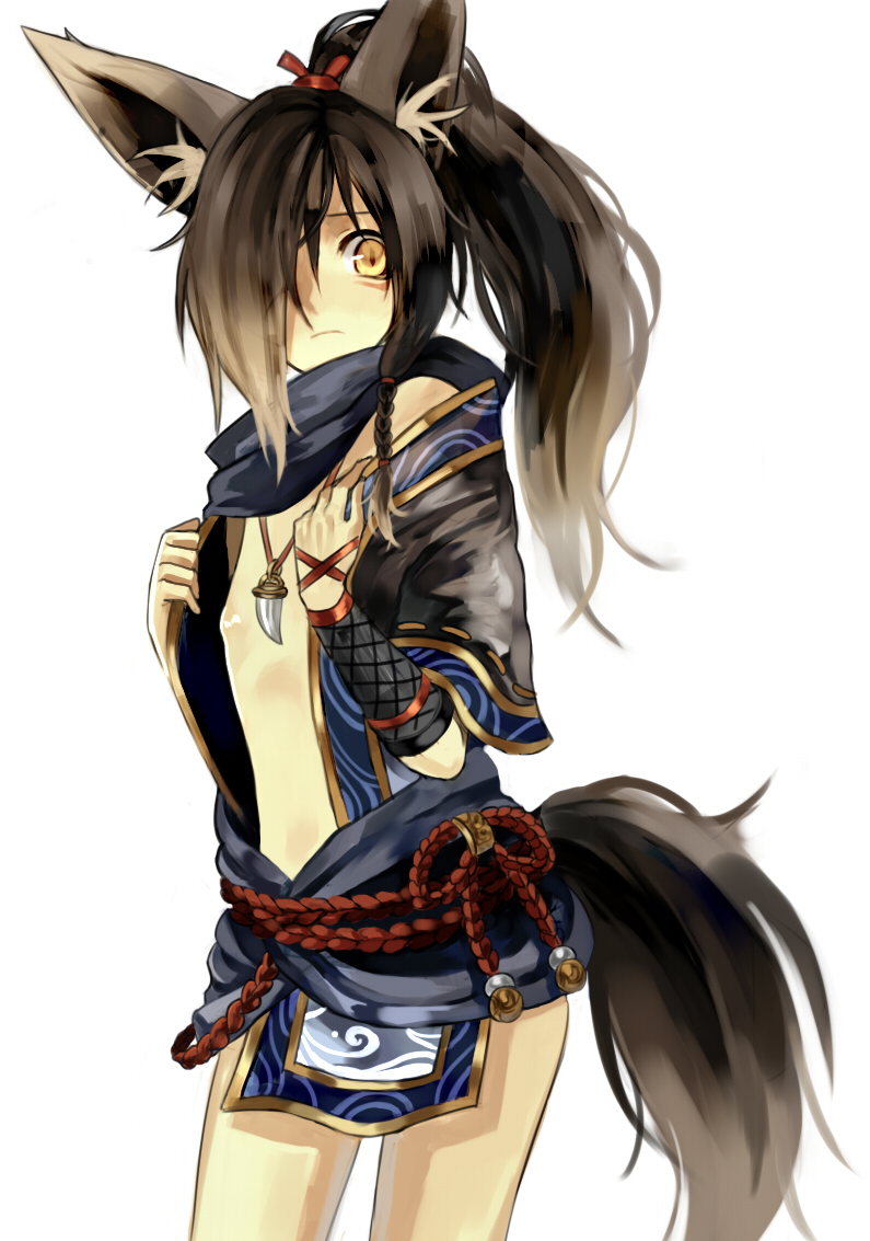 1boy androgynous animal_ears bad_id bad_pixiv_id black_hair fox_ears fox_tail hagi_(mabinogi) hair_over_one_eye jewelry loincloth long_hair mabinogi male_focus necklace open_clothes otuming ponytail simple_background solo tail trap white_background yellow_eyes