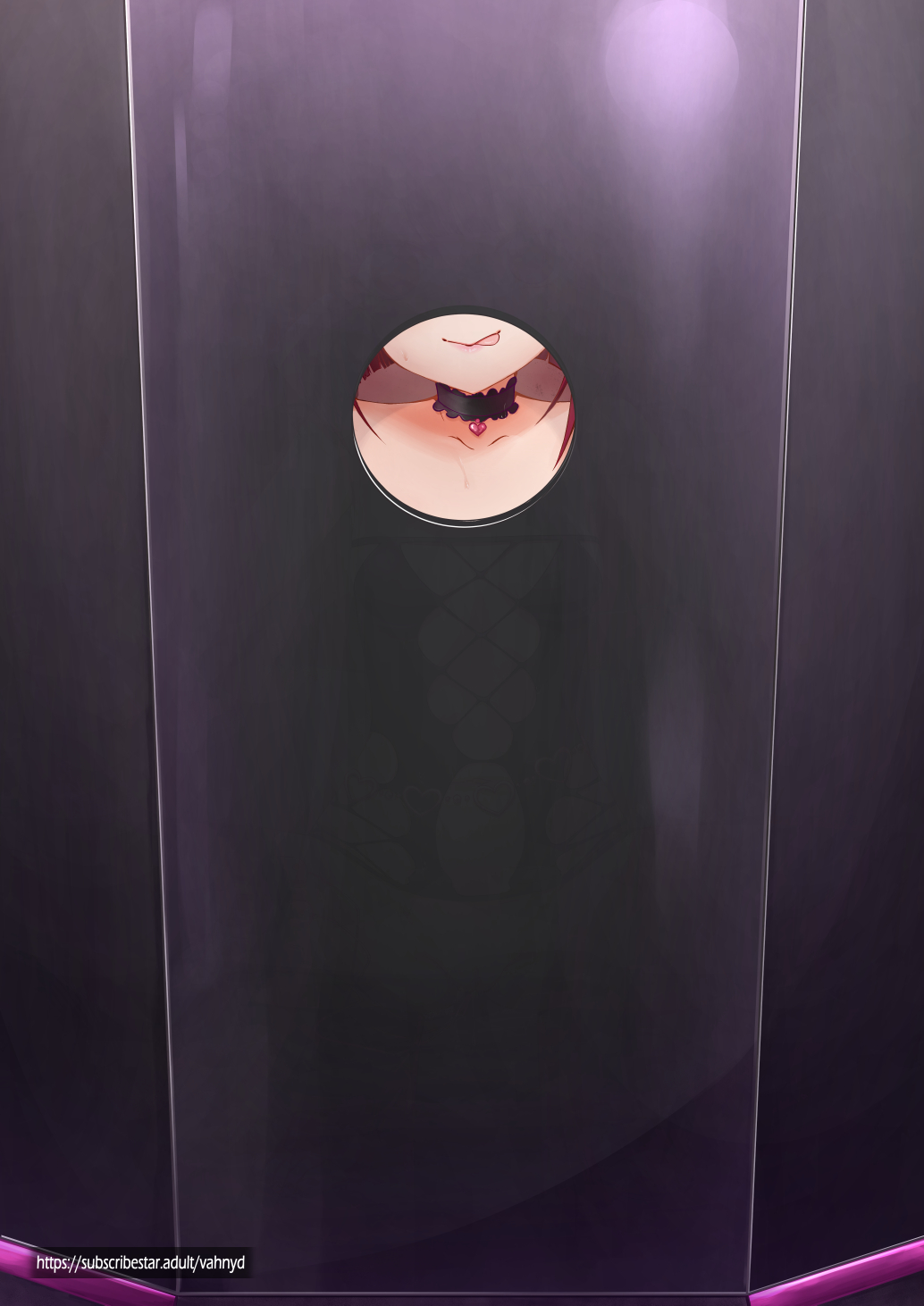 1girl :q arima_kana black_choker breasts choker collarbone glory_hole highres oshi_no_ko red_hair small_breasts solo tongue tongue_out transparent vahn_yourdoom watermark web_address