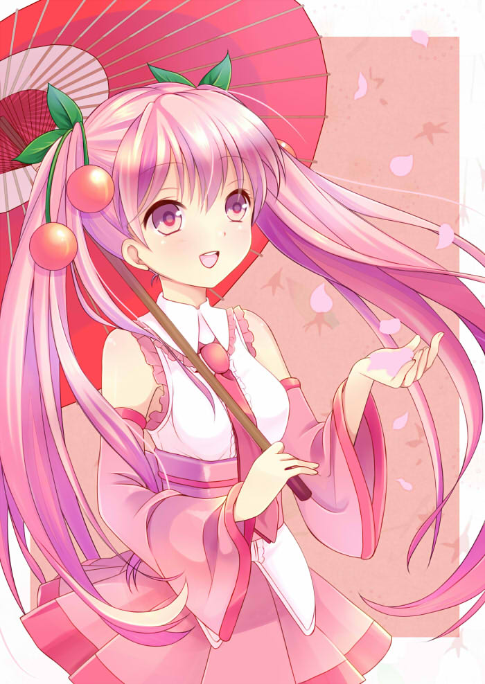 1girl :d bad_id bad_pixiv_id bare_shoulders cherry detached_sleeves female_focus food fruit hatsune_miku holding jpeg_artifacts long_hair necktie nekosugi_(hoshi) oil-paper_umbrella open_hand open_mouth petals pink_eyes pink_hair sakura_miku smile solo twintails umbrella vocaloid wind