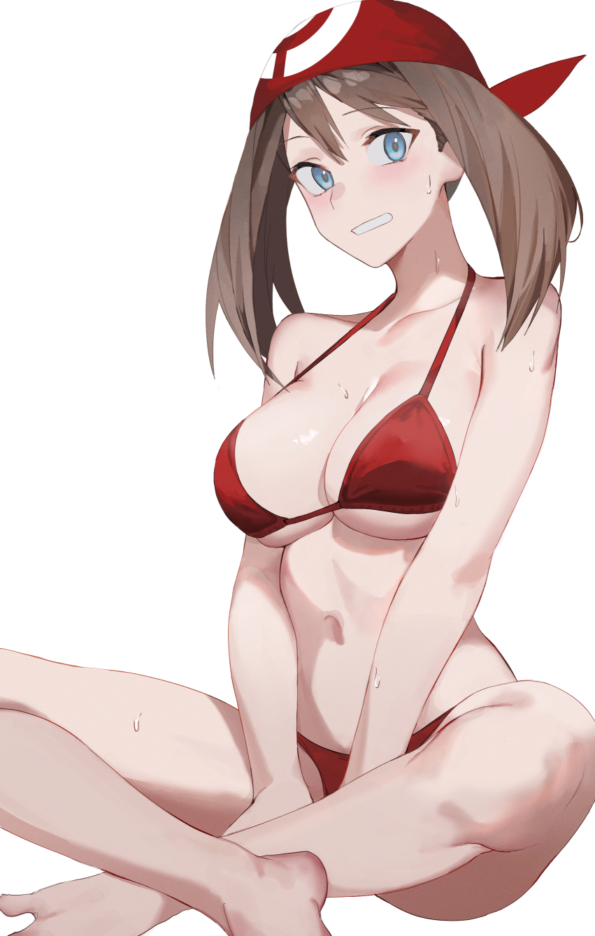 1girl bandana bikini blue_eyes breasts brown_hair cleavage creatures_(company) curvy game_freak highres keiz may_(pokemon) nintendo pokemon pokemon_rse red_bikini simple_background sitting smile solo swimsuit wet white_background wide_hips