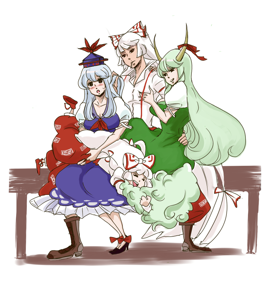 4girls breasts child cigarette closed_eyes dress dual_persona ex-keine female_focus fujiwara_no_mokou grabbing_another&#039;s_breast groping hair_ribbon happy hat horns kamishirasawa_keine long_hair multiple_girls open_mouth ribbon shirt shoes sitting tadashi tail time_paradox touhou white_shirt yuri