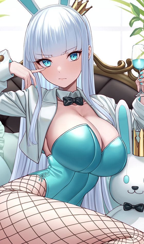 1girl animal_ears aqua_eyes aqua_leotard aqua_nails black_bow black_bowtie blunt_bangs blush bow bowtie breasts bursting_breasts cleavage closed_mouth cropped_jacket crown_hair_ornament cup detached_collar drinking_glass fake_animal_ears fishnet_legwear fishnets holding indoors jacket large_breasts leotard long_hair long_sleeves looking_at_viewer michihasu nail_polish on_bed original pillow plant playboy_bunny potted_plant rabbit_ears sidelocks sitting solo strapless strapless_leotard stuffed_animal stuffed_rabbit stuffed_toy very_long_hair white_hair white_jacket