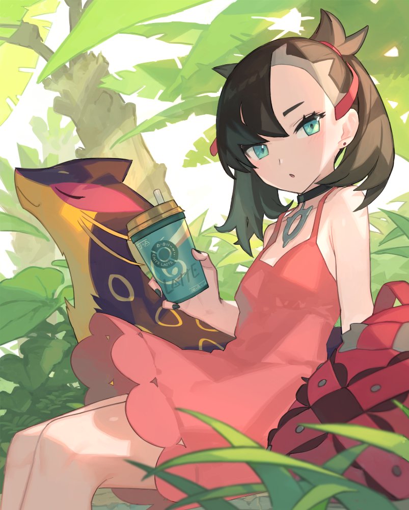 1girl :o arm_support asymmetrical_bangs black_hair black_nails breasts choker chorefuji commentary_request creatures_(company) cup disposable_coffee_cup disposable_cup dress earrings eyelashes game_freak gen_5_pokemon green_eyes holding holding_cup jewelry liepard looking_at_viewer looking_to_the_side marnie_(pokemon) medium_hair nail_polish nintendo pink_dress pokemon pokemon_(creature) pokemon_swsh shadow sitting