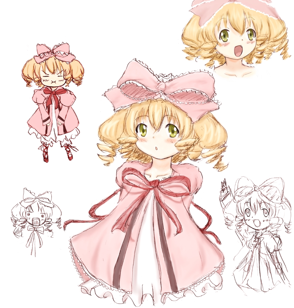 00s 1girl airenkyui bad_anatomy bad_id bad_pixiv_id blonde_hair bow dress drill_hair multiple_expressions frills green_eyes hinaichigo pink_bow poorly_drawn rozen_maiden short_hair sketch