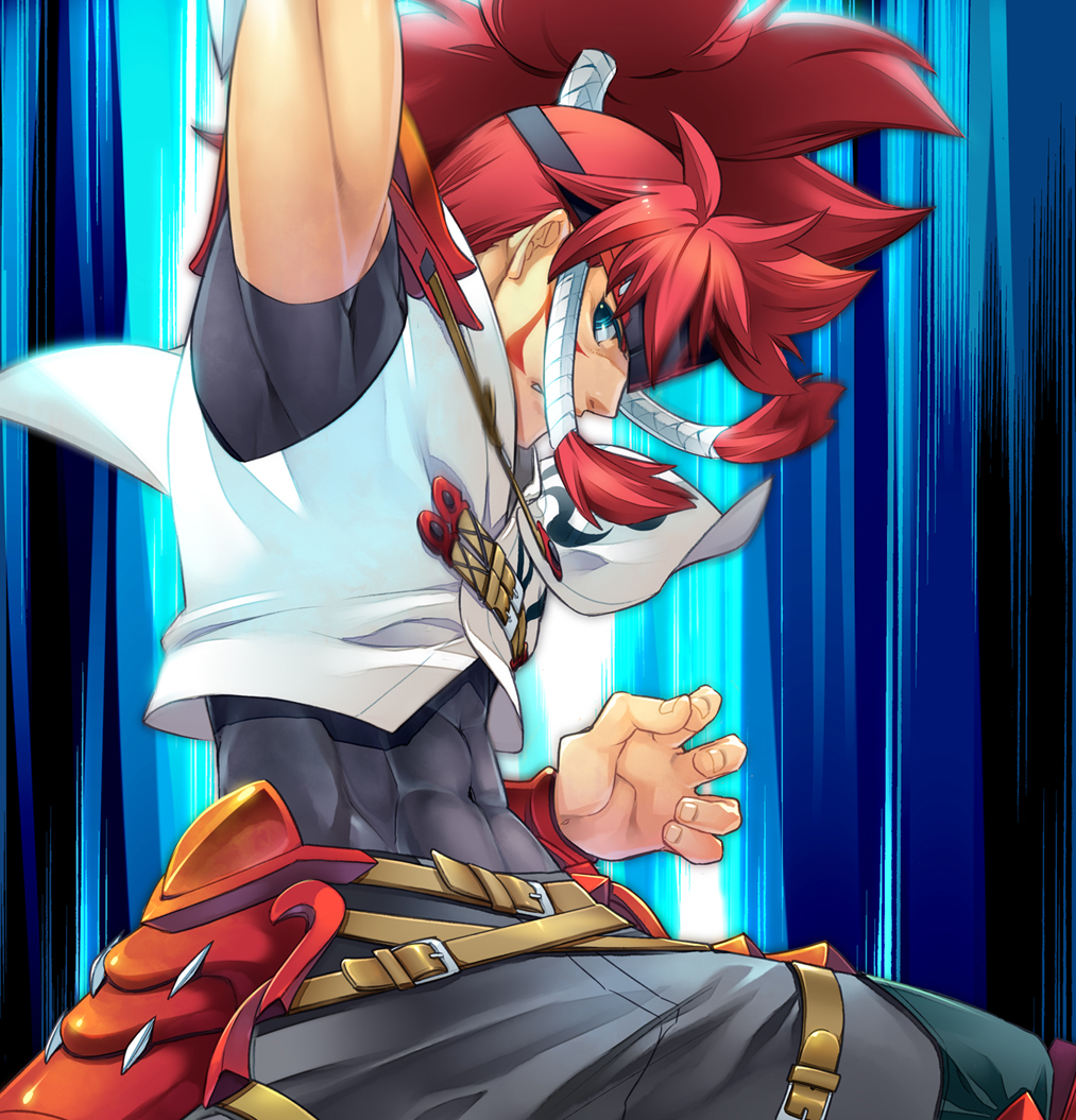 1boy abs aledy_naash banpresto belt blue_eyes hpa_(foolish_factory) male_focus manly muscular ponytail red_hair solo super_robot_wars super_robot_wars_og_saga_mugen_no_frontier super_robot_wars_og_saga_mugen_no_frontier_exceed