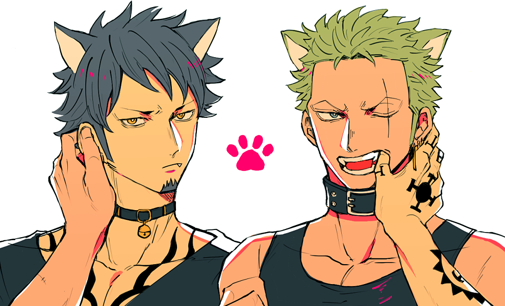 2boys animal_ears bad_id bad_pixiv_id black_hair cat_boy cat_ears collar fang fang_out green_hair male_focus multiple_boys one_piece pov pov_hands roronoa_zoro scar scar_across_eye scar_on_face shido simple_background tattoo trafalgar_law white_background yaoi