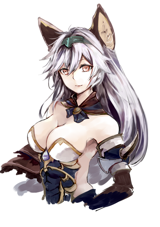 10s 1girl animal_ears atoshi bare_shoulders breasts cat_ears cat_girl cleavage erune female_focus granblue_fantasy headband heles large_breasts long_hair orange_eyes silver_hair simple_background solo upper_body white_background