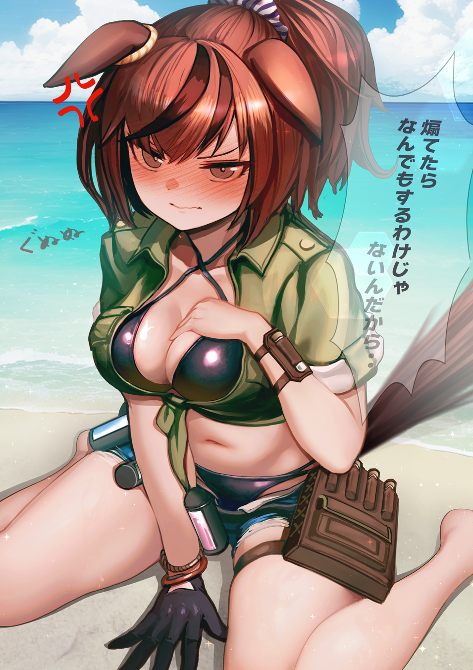 1girl agnes_tachyon_(lunatic_lab)_(umamusume) agnes_tachyon_(umamusume) agnes_tachyon_(umamusume)_(cosplay) alternate_hairstyle anger_vein animal_ears belt bikini bikini_under_clothes black_bikini blush breasts brown_eyes brown_hair cleavage closed_mouth commentary_request cosplay cowboy_shot criss-cross_halter ears_down flask full-face_blush green_jacket halterneck hand_in_own_hair highres horse_ears horse_girl horse_tail hoshikuzu_kizuna_(kizuna_stardust) jacket medium_breasts medium_hair midriff navel nice_nature_(umamusume) open_clothes open_fly open_shorts ponytail pouch round-bottom_flask short_shorts short_sleeves shorts solo swimsuit tail tied_jacket torn_clothes torn_shorts umamusume utility_belt