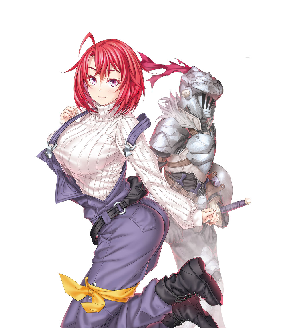 1boy 1girl ahoge armor ass black_footwear black_pants boots breastplate breasts chainmail closed_mouth cow_girl_(goblin_slayer!) fur_trim goblin_slayer goblin_slayer! grey_armor kannatsuki_noboru large_breasts leg_ribbon official_art overalls pants purple_overalls red_eyes red_hair ribbed_sweater ribbon shield short_hair shoulder_armor smile sweater sword weapon white_background yellow_ribbon