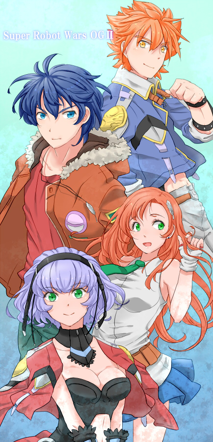 2boys 2girls :&gt; akimoto_(akimomomoto) aqua_centolm bad_id bad_pixiv_id blue_eyes blue_hair breasts cleavage cliana_rimskaya clothing_cutout commentary_request copyright_name detached_collar fingerless_gloves fur-trimmed_jacket fur_trim gloves green_eyes hair_ornament hairband hairclip hugo_medio jacket jacket_on_shoulders joshua_radcliffe long_hair multiple_boys multiple_girls navel_cutout necktie orange_eyes orange_hair super_robot_wars super_robot_wars_destiny super_robot_wars_mx super_robot_wars_original_generation the_2nd_super_robot_wars_og