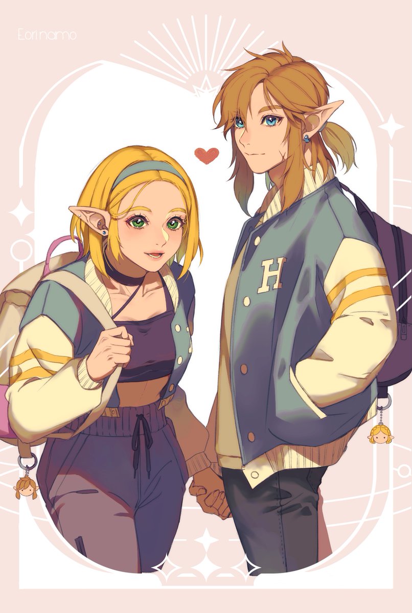 1boy 1girl aqua_eyes backpack bag black_shirt blonde_hair blue_jacket border breasts character_charm charm_(object) contemporary couple crop_top cropped_legs earrings eorinamo facial_scar green_eyes grey_pants grey_shirt hair_between_eyes hair_ornament hairclip hand_in_pocket heart hetero highres holding_hands jacket jewelry letterman_jacket light_smile link low_ponytail medium_breasts midriff nintendo pants parted_bangs parted_lips pendant_choker pointy_ears princess_zelda scar scar_on_cheek scar_on_face shirt short_hair sidelocks smile the_legend_of_zelda the_legend_of_zelda:_breath_of_the_wild the_legend_of_zelda:_tears_of_the_kingdom triforce white_border white_sleeves