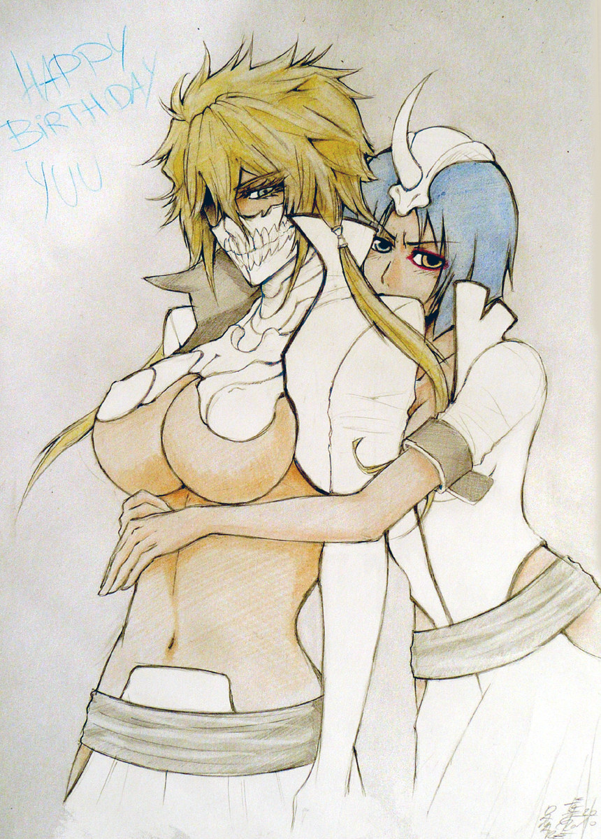 2girls arrancar bleach blonde_hair blue_eyes blue_hair bob_cut breasts brown_eyes cleavage damare dark-skinned_female dark_skin emilou_apacci green_eyes heterochromia highres holding horns large_breasts midriff multiple_girls navel number_tattoo short_hair single_horn skull tattoo tier_harribel underboob