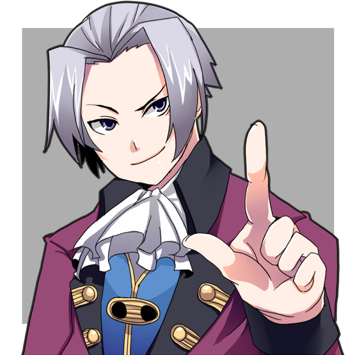 1boy ace_attorney ace_attorney_investigations ace_attorney_investigations:_miles_edgeworth capcom ebifurai foreshortening grey_eyes male_focus miles_edgeworth silver_hair solo