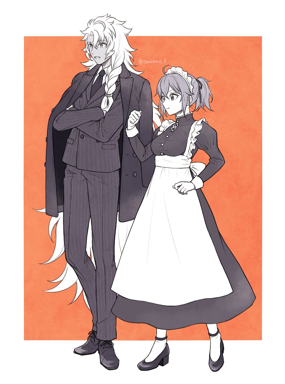 1boy 1girl ahoge alternate_costume apron artist_name back_bow border bow braid chaldea_logo closed_mouth coat coat_on_shoulders collar collared_shirt crossed_arms dress enmaided fate/grand_order fate_(series) formal_clothes frilled_collar frills fujimaru_ritsuka_(female) full_body greyscale_with_colored_background grin hair_between_eyes hand_up high_collar highres juliet_sleeves long_hair long_sleeves maid maid_apron maid_headdress necktie orange_background outside_border pants pinstripe_jacket pinstripe_pants pinstripe_pattern pinstripe_suit ponytail puffy_sleeves raised_fist shirt shoes side_braid simple_background smile solomon_(fate) standing striped_suit suit twitter_username very_long_hair waka_(owakao_f) white_border wing_collar