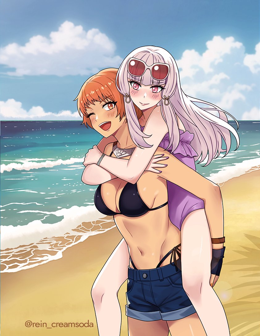 2girls alternate_costume beach bikini black_bikini breasts carrying cleavage female_focus fingerless_gloves fire_emblem fire_emblem:_three_houses fire_emblem_warriors:_three_hopes gloves leonie_pinelli lysithea_von_ordelia matching_hair/eyes multiple_girls navel nintendo ocean official_alternate_hairstyle one-piece_swimsuit one_eye_closed orange_eyes orange_hair outdoors piggyback pink_eyes purple_one-piece_swimsuit rein_creamsoda short_hair shorts smile sunglasses swimsuit white_hair wink