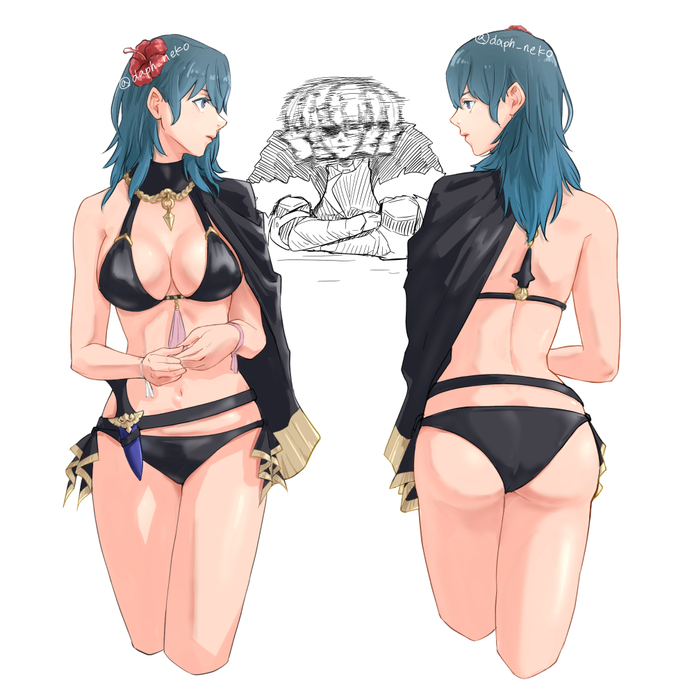 1boy 1girl afterimage ass bikini black_bikini black_cape blue_hair breasts byleth_(female)_(fire_emblem) byleth_(female)_(summer)_(fire_emblem) byleth_(fire_emblem) cape cleavage closed_mouth commentary_request daph_neko dimitri_alexandre_blaiddyd eyepatch fire_emblem fire_emblem:_three_houses fire_emblem_heroes flower grey_background hair_flower hair_ornament hibiscus large_breasts lips meme navel nintendo official_alternate_costume one_eye_covered own_hands_together pink_lips profile red_flower simple_background spinning_head stomach swimsuit the_weaker_sex_1_(gibson) twitter_username