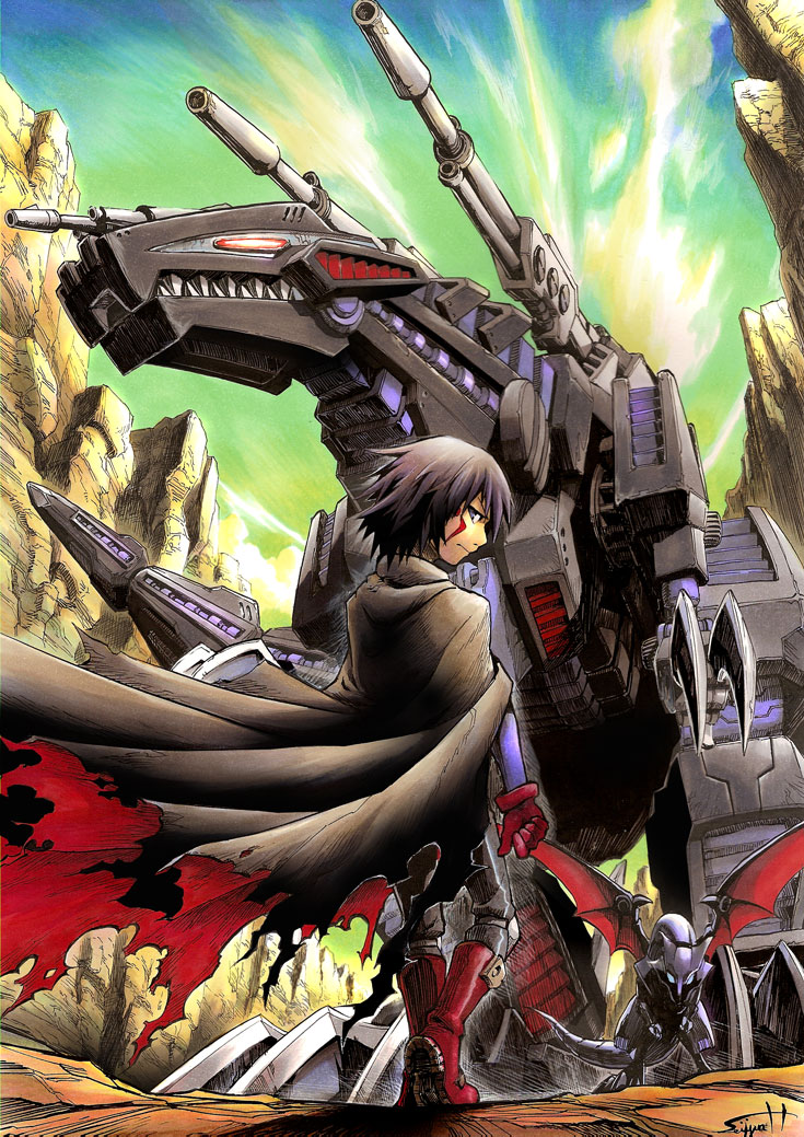 1boy claws cloak dinosaur facial_mark genosaurer gloves male_focus mecha raven_(zoids) robot sei_jun shadow_(zoids) signature solo tail teeth torn_clothes zoids zoids_chaotic_century