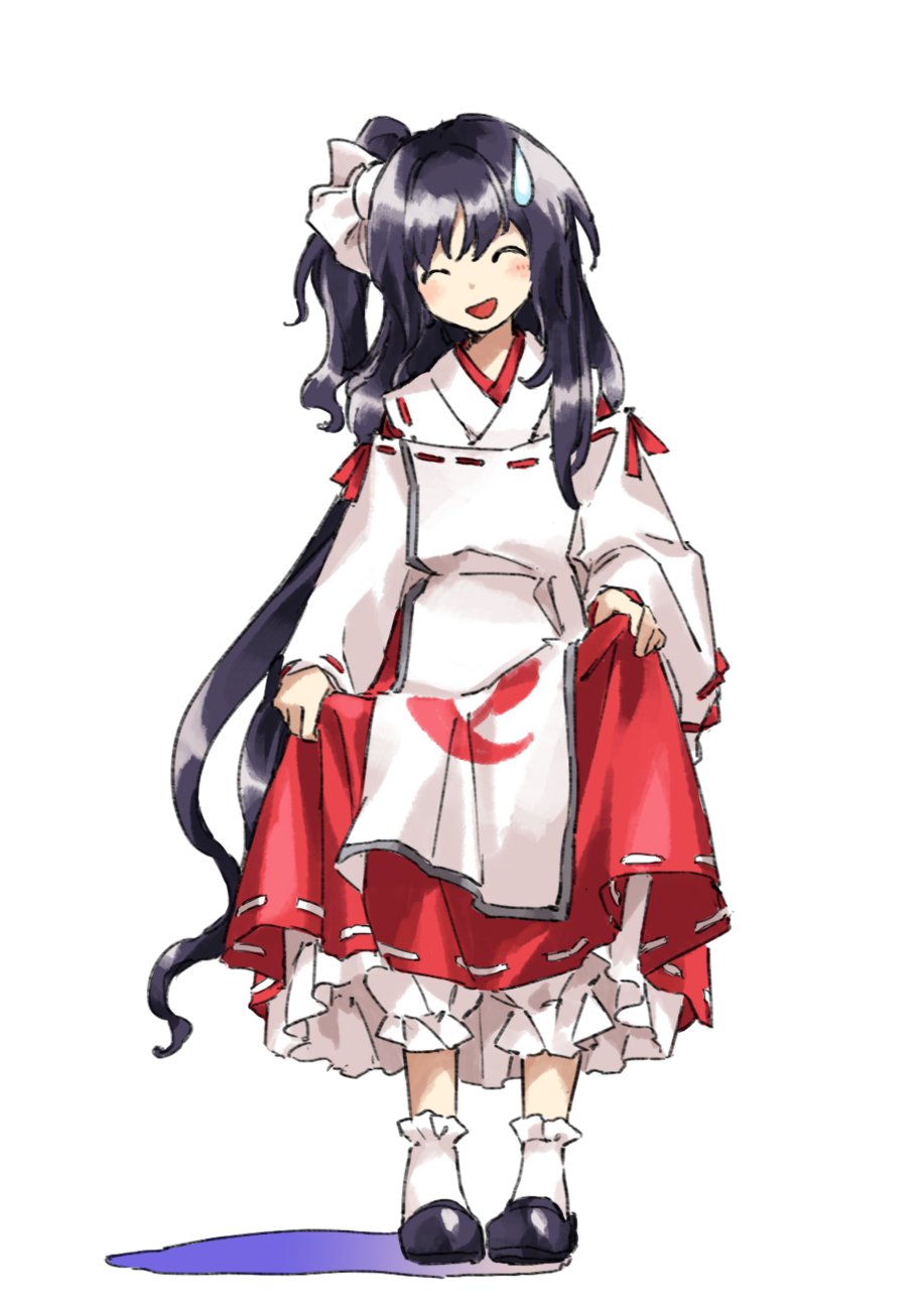 1girl adapted_costume black_footwear black_hair bobby_socks closed_eyes detached_sleeves frilled_skirt frills full_body girl_who_trained_on_mt._haku_(touhou) hair_ribbon hakama hakama_skirt highres japanese_clothes kaigen_1025 kariginu loafers long_hair long_sleeves open_mouth ponytail portrait_of_exotic_girls red_hakama red_skirt ribbon ribbon-trimmed_skirt ribbon_trim shoes simple_background skirt socks solo standing sweatdrop tabard touhou very_long_hair white_background white_ribbon white_sleeves white_socks wide_sleeves