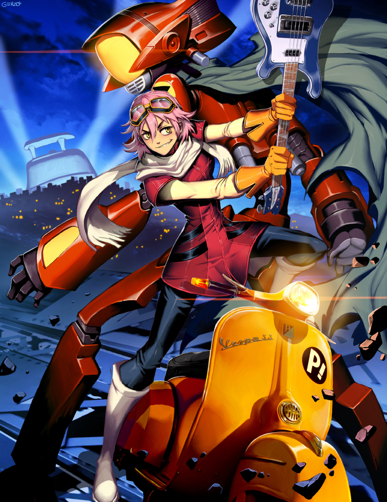 00s 1girl boots canti cityscape flcl genzoman gloves goggles grin guitar haruhara_haruko instrument motor_vehicle parted_lips pink_hair scarf scooter short_hair smile vehicle vespa yellow_eyes