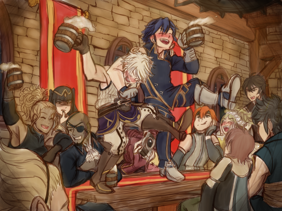 4girls 6+boys alcohol basilio_(fire_emblem) beer blush boots dancing drunk fire_emblem fire_emblem_awakening flavia_(fire_emblem) frederick_(fire_emblem) gaius_(fire_emblem) implied_yaoi lissa_(fire_emblem) lon&#039;qu_(fire_emblem) multiple_boys multiple_girls nintendo p3achsalt ricken_(fire_emblem) robin_(fire_emblem) robin_(male)_(fire_emblem) sleeveless table tankard tharja_(fire_emblem) vaike_(fire_emblem)