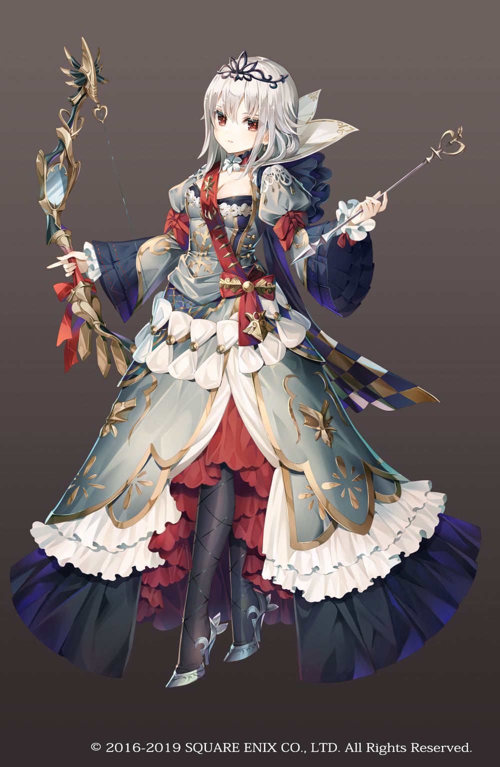 1girl arrow_(projectile) black_tiara bow_(weapon) breasts copyright_notice dress frills gradient_background grey_hair grimms_notes highres holding holding_arrow holding_bow_(weapon) holding_weapon nemusuke official_art red_eyes red_ribbon ribbon snow_ashes_(grimms_notes) tiara weapon