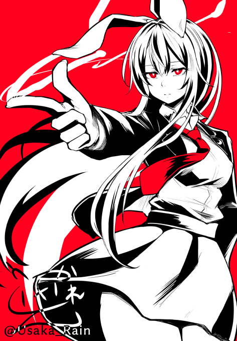 1girl animal_ears blazer breasts closed_mouth collared_shirt cowboy_shot expressionless finger_gun greyscale_with_colored_background jacket long_hair long_sleeves medium_breasts necktie open_clothes open_jacket rabbit_ears rabbit_girl red_eyes red_necktie red_theme reisen_udongein_inaba shirt signature simple_background skirt smoke smoking_finger_gun solo touhou usaka_ray very_long_hair