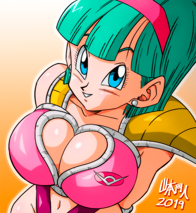 1girl arms_behind_back blue_eyes blunt_bangs breasts bulma cleavage cleavage_cutout clothing_cutout collarbone cosplay dragon_ball dragonball_z earrings female_focus from_above gradient_background green_hair hairband happy heart_cutout jewelry large_breasts light_smile looking_at_viewer medium_hair navel parted_lips red_hairband saiyan_armor seductive_smile shoulder_pads simple_background smile solo stud_earrings upper_body yamamoto_doujin