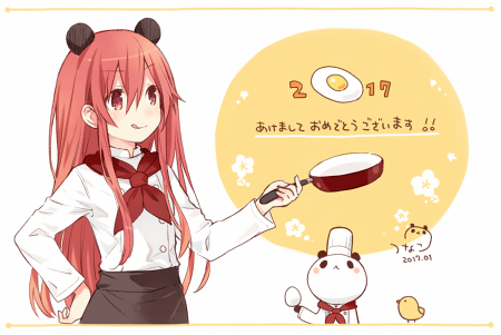 1girl animal_ears bird chef hand_on_own_hip holding holding_pan long_hair long_sleeves lowres panda panda_ears red_eyes red_hair shakeko_(neptunia) tongue tongue_out tsunako