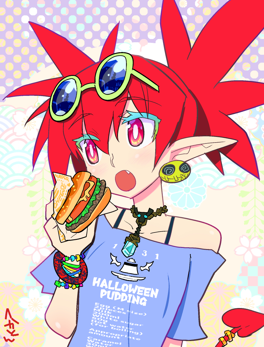 1girl bracelet bright_pupils burger commentary_request demon_girl demon_tail disgaea etna_(disgaea) eyewear_on_head fang flat_chest food hekaton jewelry looking_to_the_side necklace open_mouth poi red_eyes red_hair reflective_eyewear shirt single_bare_shoulder solo sunglasses t-shirt tail white_pupils