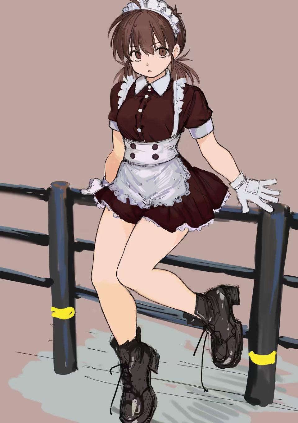 1girl alternate_costume apron black_footwear closed_mouth dress enmaided expressionless frilled_dress frilled_hairband frills full_body gloves hairband highres ichigaya_sumire legs maid on_railing rai_rai_rai railing shoes short_sleeves solo thighs white_apron