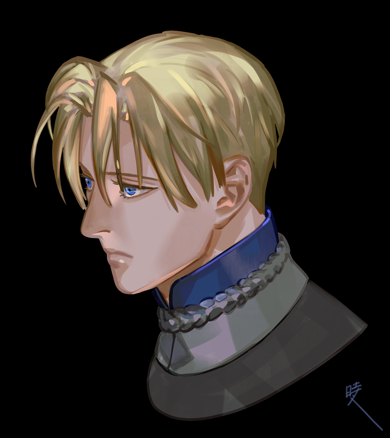 1boy black_background blonde_hair blue_eyes closed_mouth commentary cropped_shoulders dimitri_alexandre_blaiddyd fire_emblem fire_emblem:_three_houses from_side frown garreg_mach_monastery_uniform looking_ahead male_focus mixed-language_commentary nintendo saiga_tokihito school_uniform short_hair signature simple_background solo