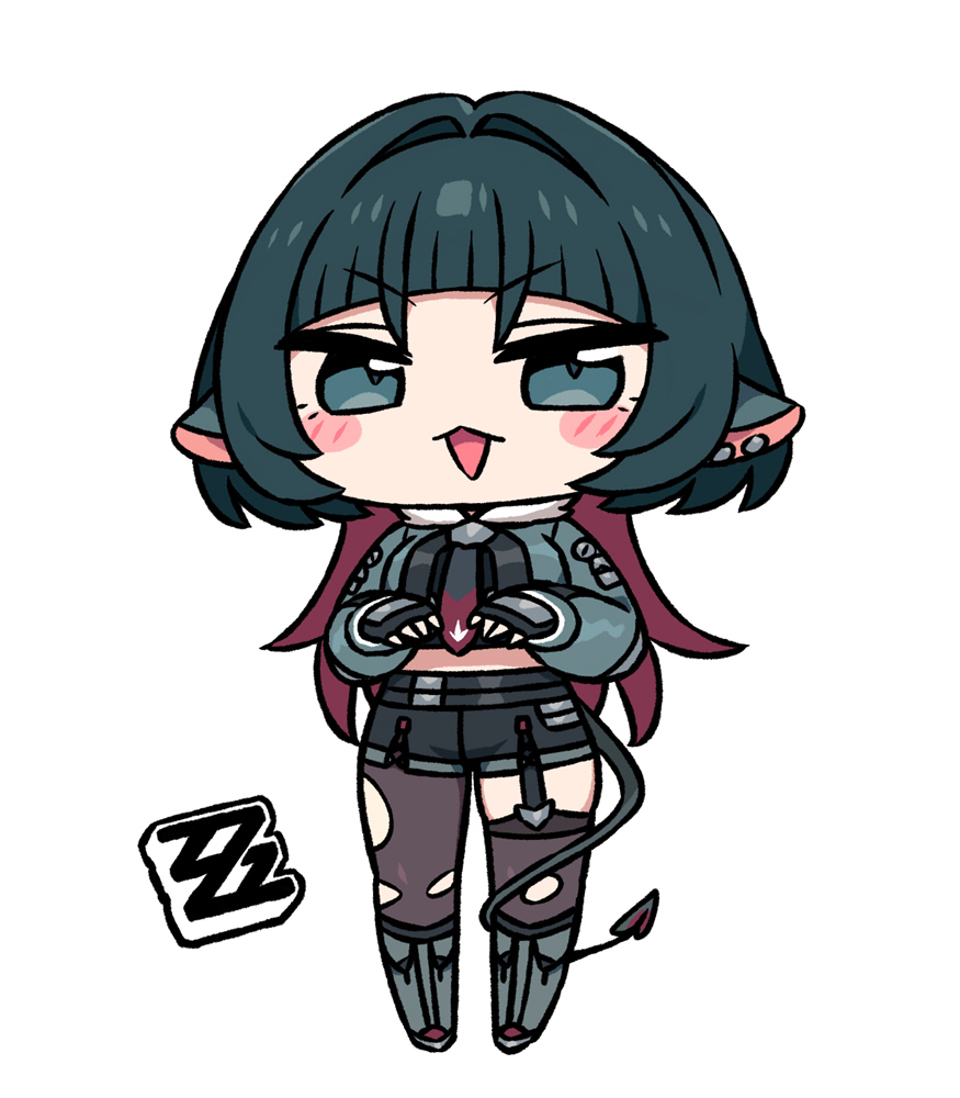 1girl animal_ears aqua_eyes aqua_hair black_gloves black_shorts blunt_bangs blush_stickers boots breasts chan_co chibi commentary fingerless_gloves foreshortening full_body gloves grey_boots jane_doe_(zenless_zone_zero) large_breasts logo long_hair long_sleeves looking_at_viewer multicolored_hair necktie no_nose open_mouth pantyhose purple_hair short_shorts shorts solo standing tail thighhighs torn_clothes torn_pantyhose torn_thighhighs v-shaped_eyebrows zenless_zone_zero