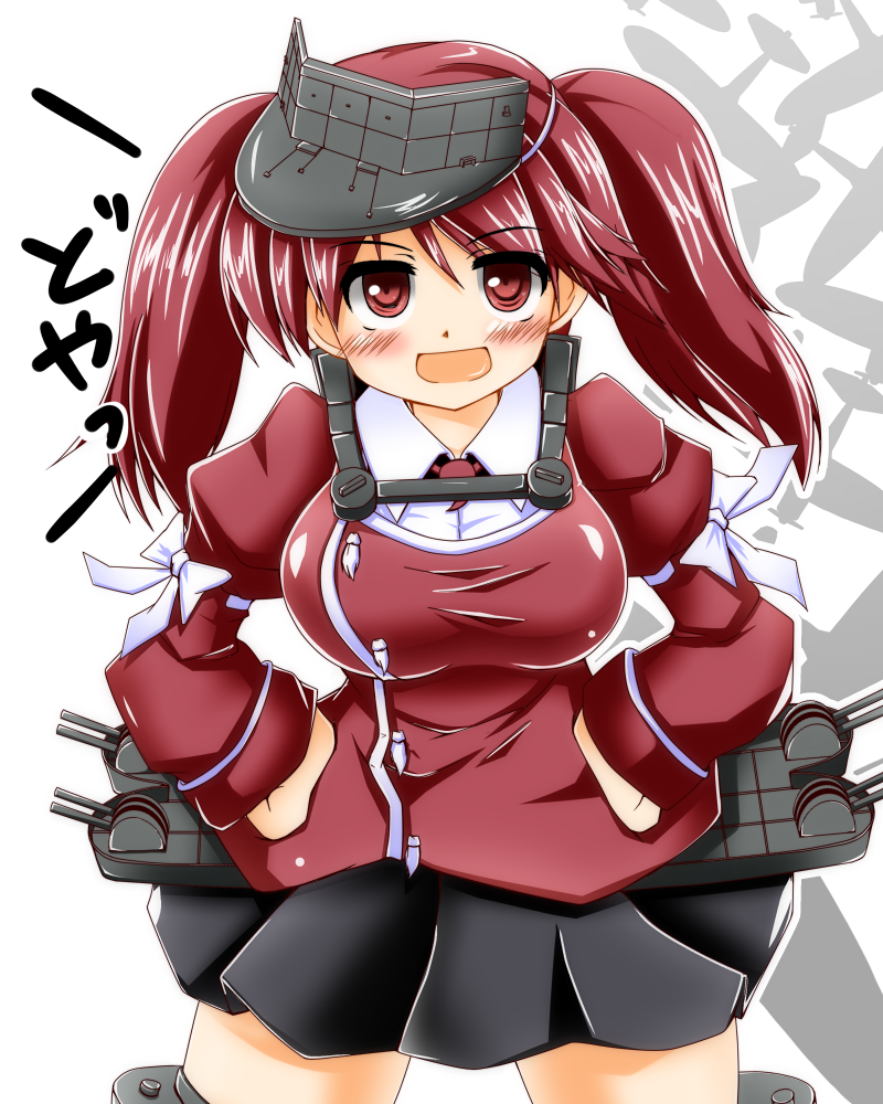 10s 1girl alternate_breast_size breasts female_focus hands_on_own_hips hat kantai_collection large_breasts looking_at_viewer machinery open_mouth personification red_eyes red_hair ribbon ryuujou_(kancolle) seisei solo turret twintails