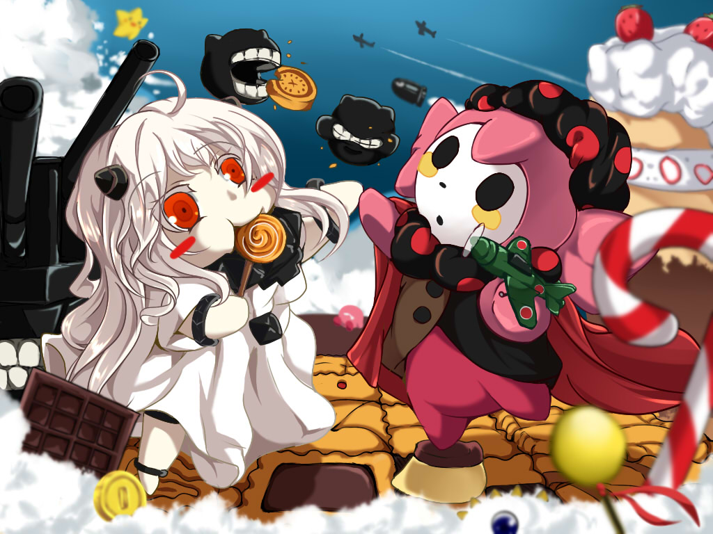 10s 2girls abyssal_ship ahoge aircraft airplane blurry blush_stickers bullet bullet_bill cake cameo candy candy_cane charlotte_(madoka_magica) chibi chocolate chocolate_bar colored_skin cookie crossover depth_of_field dress eating food holding horns kantai_collection kirby kirby_(series) kokutou_(mimikinngu) kracko lollipop long_hair mahou_shoujo_madoka_magica mahou_shoujo_madoka_magica_(anime) mario_(series) multiple_girls nintendo northern_ocean_princess open_mouth orange_eyes pink_hair pudding ship_turret super_mario_bros._1 white_dress white_hair white_skin zonda_(solid_air)