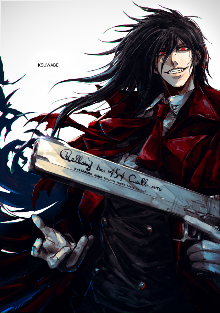 1boy alucard_(hellsing) artist_name black_hair coat collared_shirt commentary_request dress_shirt english_text fang gloves gun handgun hellsing k-suwabe long_hair looking_at_viewer necktie overcoat red_eyes red_necktie shirt teeth upper_body weapon white_gloves white_shirt