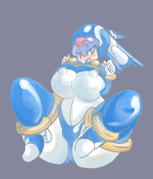 1girl alternate_breast_size android blue_eyes blush bodysuit boots bracelet breasts capcom covered_erect_nipples fairy_leviathan_(mega_man) female_focus full_body grey_background helmet high_heels jewelry large_breasts legs_up mega_man_(series) mega_man_zero_(series) open_mouth simple_background solo spread_legs thick_thighs thigh_boots thighhighs thighs undressing unk