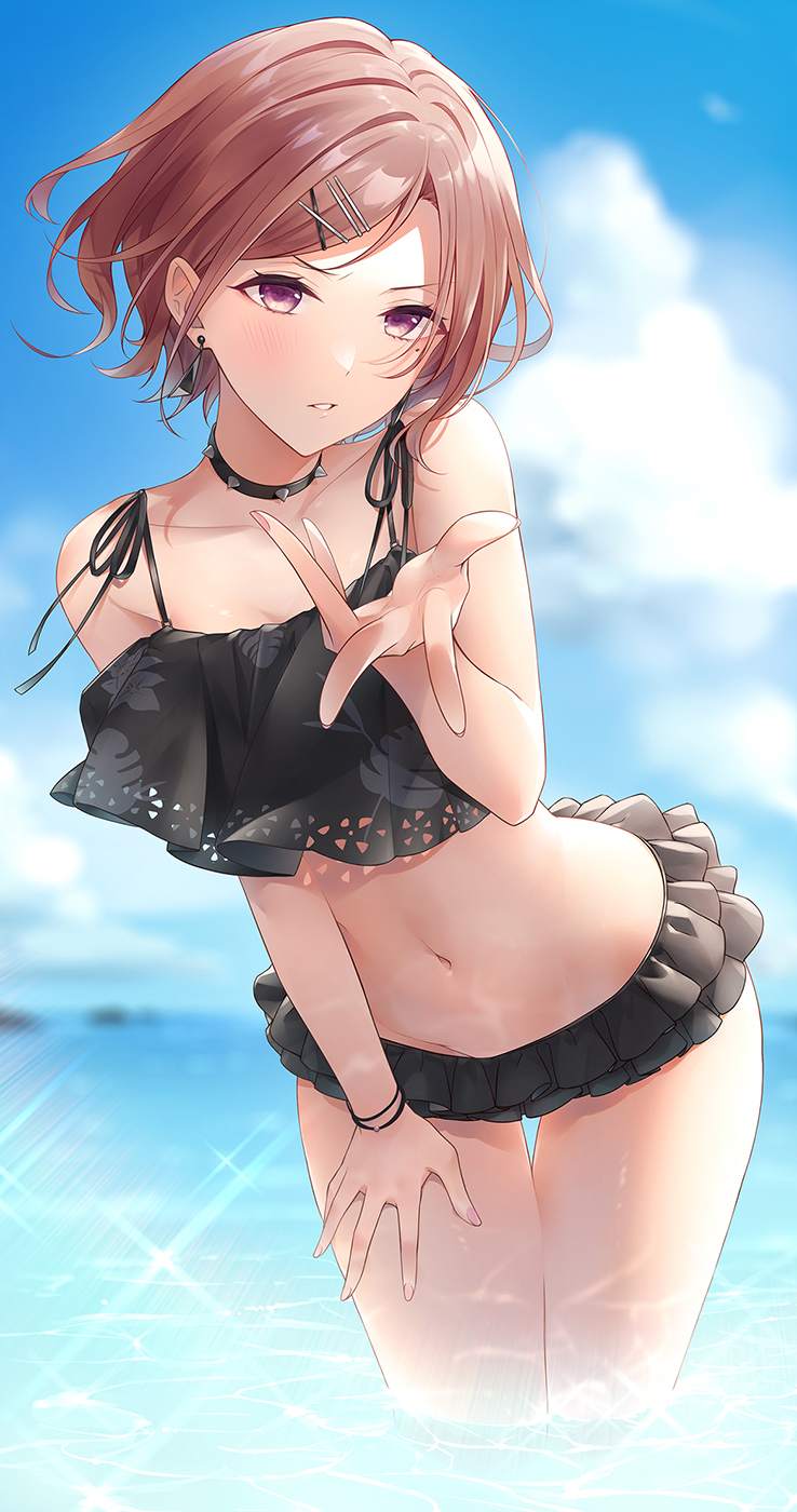 1girl bare_arms bikini bikini_skirt black_bikini blowing_kiss blue_sky blush brown_hair choker cloud collarbone day earrings frilled_bikini frills hair_ornament hand_on_own_thigh highres higuchi_madoka idolmaster idolmaster_shiny_colors jewelry looking_at_viewer mole navel ocean red_eyes short_hair sky solo spiked_choker spikes stomach swimsuit thigh_gap toujou_masateru wading water wet