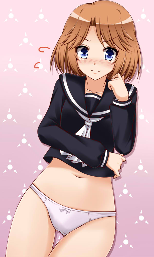 10s 1girl ascot black_shirt blue_eyes blush bow bow_panties cardfight!!_vanguard collarbone embarrassed female_focus flying_sweatdrops full-face_blush gakuran gradient_background hip_focus light_brown_hair long_image long_sleeves looking_at_viewer midriff navel no_pants panties purple_background sazaki_hiyoru school_uniform sendou_emi serafuku shirt short_hair solo standing tall_image tears thigh_gap thighs underwear white_panties