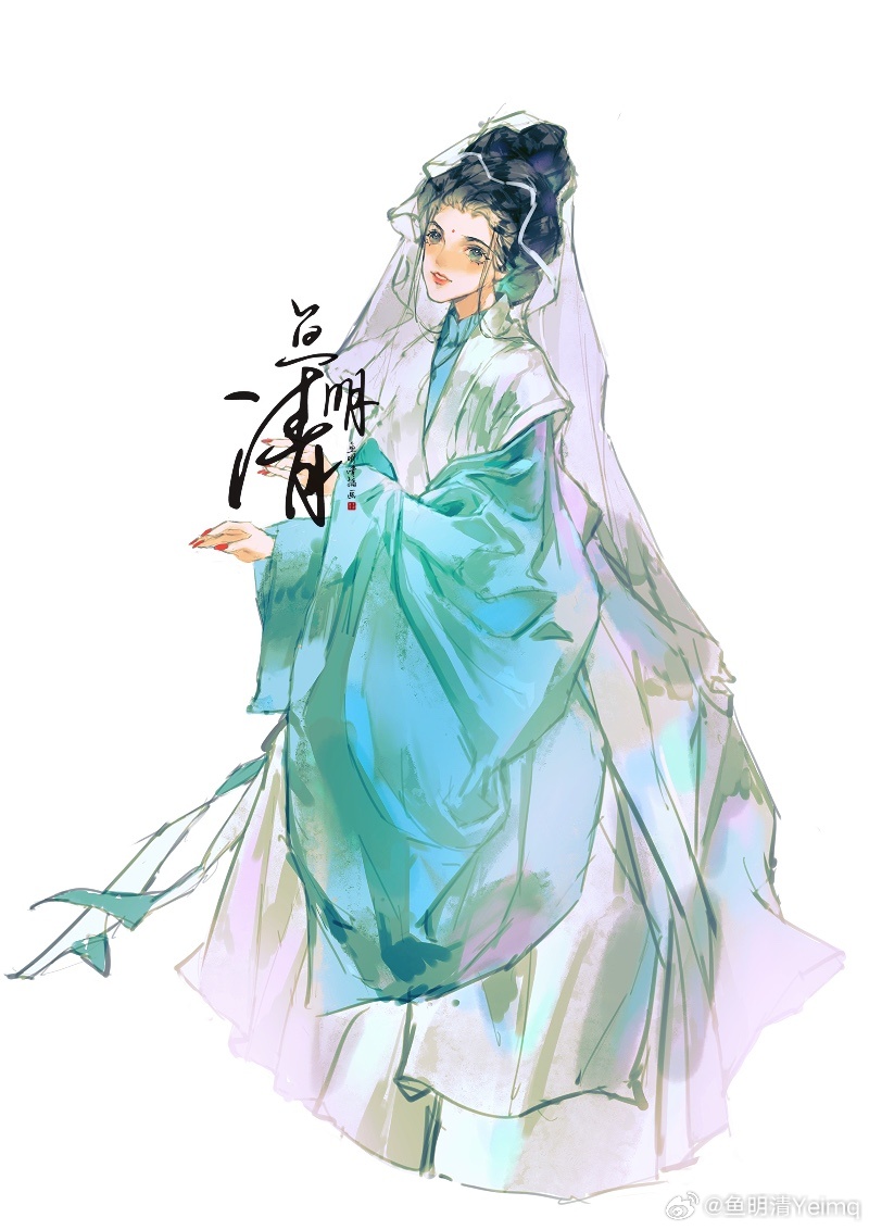 1girl aqua_eyes aqua_hanfu banbi black_hair chinese_clothes full_body hanfu huadian original procreate_(medium) red_lips red_nails solo veil white_background wide_sleeves yu_mingqing_yeimq