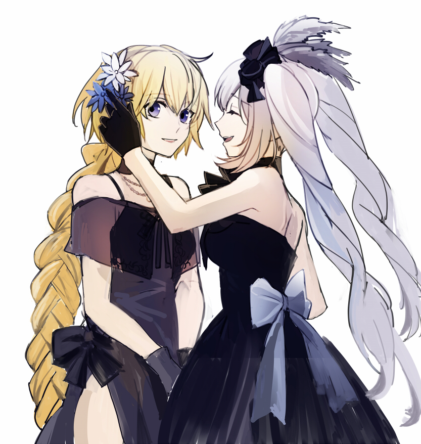 2girls adjusting_hair_ornament back_bow bare_shoulders black_bow black_choker black_dress black_gloves black_hat blonde_hair blue_bow blue_flower bow braid braided_ponytail choker closed_eyes cowboy_shot dress dress_bow fate/grand_order fate_(series) feathers flower gloves hair_between_eyes hair_flower hair_ornament hand_up hat hat_feather jeanne_d&#039;arc_(fate) jeanne_d&#039;arc_(formal_dress)_(fate) jewelry long_hair looking_to_the_side marie_antoinette_(fate) marie_antoinette_(formal_dress)_(fate) mini_hat multiple_girls necklace off_shoulder open_mouth purple_eyes see-through_clothes see-through_shawl shawl side_slit simple_background sleeveless sleeveless_dress smile standing teeth tsengyun twintails upper_teeth_only white_background white_feathers white_flower white_hair