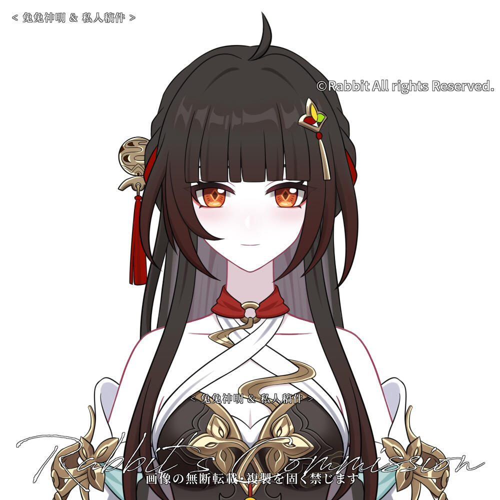 1girl ahoge ara_haan bare_shoulders black_hair breasts chinese_clothes chinese_text closed_mouth dress english_text engrish_text hair_ornament hanfu honkai:_star_rail honkai_(series) jiaoling_ruqun lingsha_(honkai:_star_rail) long_hair looking_at_viewer mixed_media non-web_source pale_skin ranguage smile solo tassel tuzi_buhui_hiahua upper_body white_background