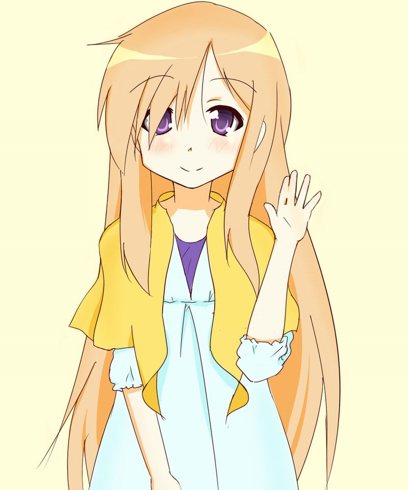 00s alternate_hairstyle blush casual dress hair_over_one_eye long_hair lucky_star minegishi_ayano orange_hair purple_eyes smile very_long_hair