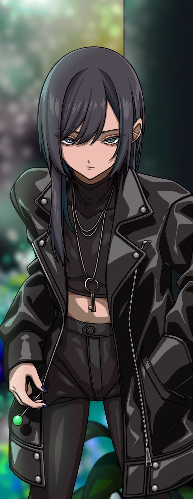 ado_(utaite) black_coat black_hair black_pants black_shirt blue_eyes blue_hair blue_nails blurry blurry_background candy chando_(ado) closed_mouth coat colored_inner_hair commentary_request covered_collarbone crop_top egoist_tosummer food hair_between_eyes hand_in_pocket highres holding holding_candy holding_food holding_lollipop jewelry lollipop long_hair midriff mole mole_under_eye multicolored_hair nail_polish necklace open_clothes open_coat pants shirt utaite zipper zipper_pull_tab