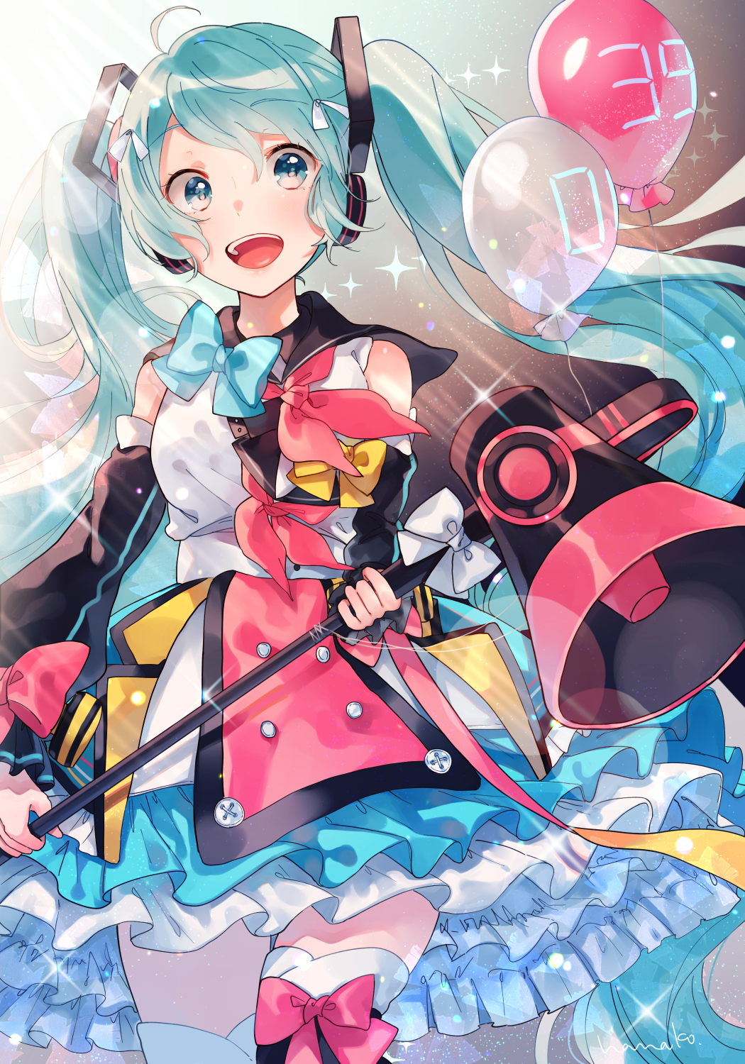 1girl 39 :d ahoge balloon black_sailor_collar black_sleeves blue_bow blue_eyes blue_hair blue_skirt boots bow cowboy_shot detached_sleeves floating_hair hanako151 hatsune_miku highres holding holding_megaphone layered_skirt long_hair long_sleeves looking_at_viewer magical_mirai_miku magical_mirai_miku_(2018) megaphone miniskirt neckerchief open_mouth pink_bow pink_neckwear sailor_collar skirt smile solo standing sunlight thigh_boots thighhighs unworn_neckerchief very_long_hair vocaloid white_skirt yellow_bow