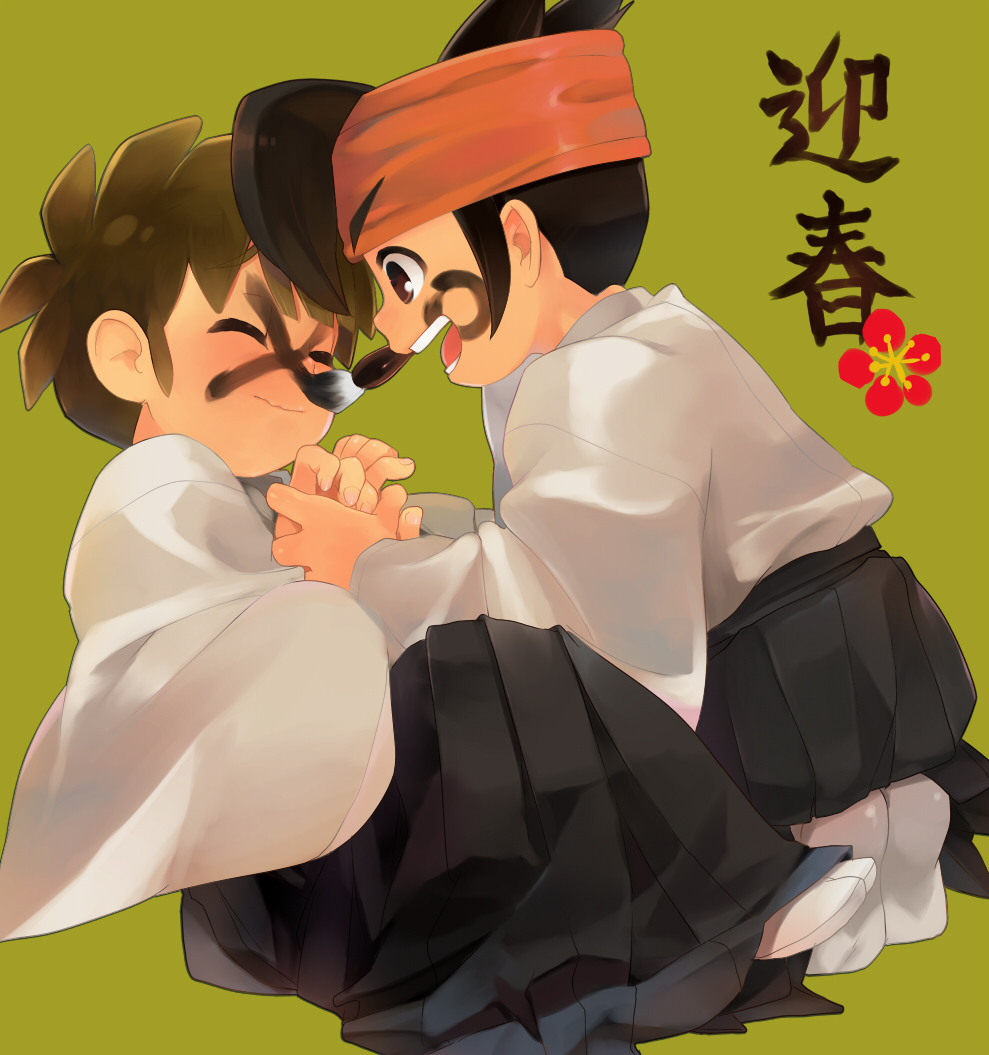 2boys blush brown_eyes brown_hair brush endou_mamoru hakama hakama_skirt headband inazuma_eleven inazuma_eleven_(series) ink japanese_clothes male_focus multiple_boys open_mouth shiogochi short_hair skirt smile tachimukai_yuuki