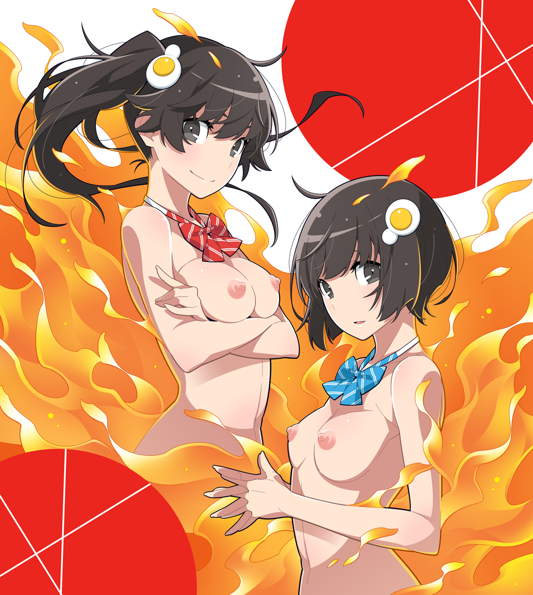 2girls ahoge araragi_karen araragi_tsukihi black_eyes black_hair blue_bow blue_neckwear blush bow bowtie breasts closed_mouth commentary_request crossed_arms egg_hair_ornament fire food-themed_hair_ornament hair_ornament medium_breasts messy_hair monogatari_(series) multiple_girls navel nipples nisemonogatari nude own_hands_together petite red_bow red_neckwear siblings side_ponytail sisters smile striped_bow upper_body yamanami_kousuke