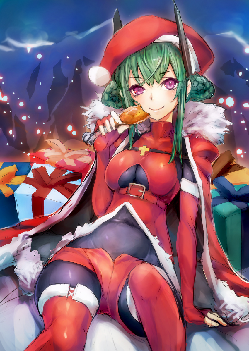 1girl bodysuit box breasts cape christmas cleavage_cutout clothing_cutout female_focus fingerless_gloves food gift gift_box gloves green_hair hat headgear highres large_breasts long_hair menou_kaname_(taishi) original purple_eyes red_gloves santa_hat smile solo taishi_(artist) taishi_(picchiridou) thighhighs underboob