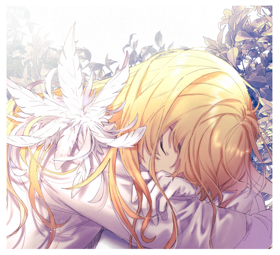 1boy blonde_hair border closed_eyes commentary covered_mouth fate/grand_order fate_(series) feathers formal_clothes gloves hand_on_own_arm head_rest hugging_own_legs jacket kirschtaria_wodime knees_to_chest leaf long_hair long_sleeves male_focus pants sitting sleeping solo suit wani_(mezo) white_background white_border white_feathers white_gloves white_jacket white_pants white_suit